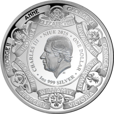 Monarques de Grande-Bretagne (2025) - Pièce de collection de 1 oz en argent à l'épreuve